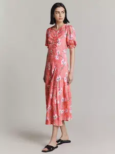 Платье Ghost Lainey Floral Print Puff Sleeve Midi, цвет pink/multi