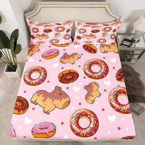 Erosebridal Комплект постельного белья Kawaii Capybara с милым мультяшным капибарой и пончиками розового цвета, Multi 23