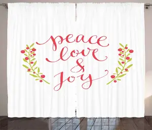 Штора ABAKUHAUS в деревенском стиле с надписью Peace Love Joy Berries, присборенная тесьма для спальни с петлями и крючками, 280 x 175 см, цвет: темно-коралловый, желто-зеленый Abakuhaus