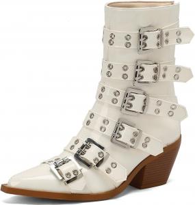 Ботинки DINTAHA Goth с пряжкой, панк-стиля, боевые ботинки на щиколотку, готические мотоциклетные ботинки с заостренным носком и массивным каблуком, White Patent