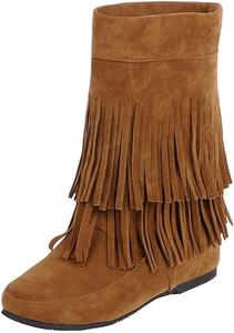 Женские ботинки DINTAHA с бахромой, средние сапоги женские на низком каблуке, замшевые ботильоны, Brown