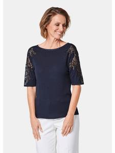 Свитер с кружевными вставками и стразами темно-синего цвета GOLDNER