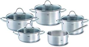 Набор посуды Fissler Paris/из нержавеющей стали, 5 предметов, кастрюли, со стеклянными крышками, для индукционных плит, подходит для всех типов плит (3 кастрюли, 1 сотейник, 1 кастрюля без крышки)