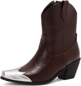 Женские ковбойские сапоги с боковой молнией, заостренным носком, толстым и высоким каблуком, кожаные короткие сапоги с декоративной отделкой из кожи CQHXHDF, Yellow-Brown