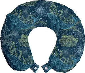 Подушка для шеи ABAKUHAUS "Кит", морская фауна и флора, дорожный аксессуар из пеноматериала для самолета и автомобиля, 30 x 30 см, цвет: индиго, морской зеленый, синий Abakuhaus