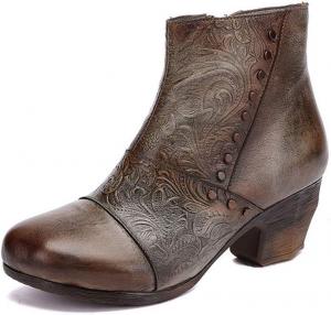 JLFZC Женские кожаные ботильоны, винтажные универсальные кожаные ботинки с круглым носком, для подружек невесты, вечеринок и банкетов, на толстом каблуке, коричневые A-38/UK 5/US 7