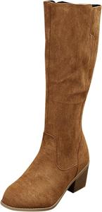 Женские модные замшевые сапоги-верховые: легкие, высокие до колена, с массивным каблуком, заостренным носком и молнией Generic, Khaki