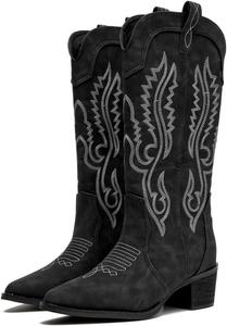 Женские ковбойские сапоги kkdom Cowgirl, удобные вышитые сапоги на толстом каблуке с заостренным носком до колена в западном стиле, Black