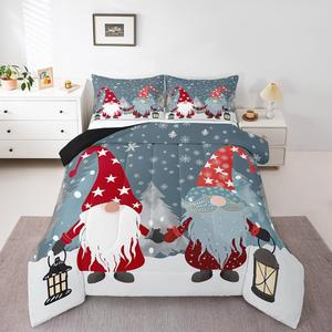 Erosebridal Комплект постельного белья с новогодним принтом Санта Клаус и гномы, снежинки и ёлки, зимняя тематика для детей, Red Blue Grey