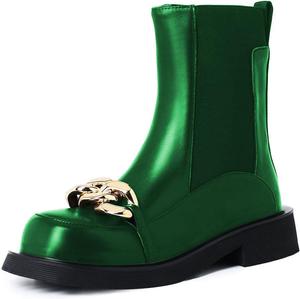 Женские ботильоны YDN с эластичной платформой, круглым носком и цепочкой, на плоском каблуке, на широкую голень, повседневная обувь для ходьбы, размеры 4-15 US, Green