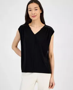 Женская блузка с V-образным вырезом, кружевными вставками и удлиненными плечами Anne Klein, черный