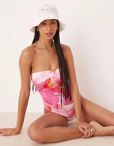 Купальник-бандо Stradivarius с цветочным принтом белого и розового цвета