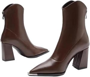 Женские ботильоны с острым носком, квадратным высоким каблуком и застежкой сзади, элегантные зимние короткие сапожки Generic, Brown