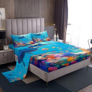 Erosebridal Комплект постельного белья Cute Animal с морскими черепахами и рыбами в мультяшном акварельном стиле, Blue Orange