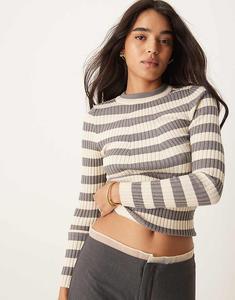 Pieces – топ в рубчик с длинными рукавами в тяжелую серую полоску