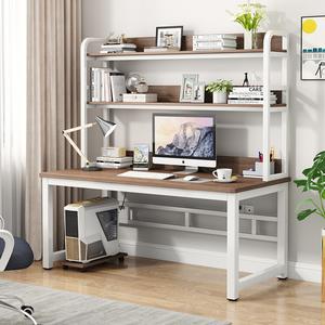 Компьютерный стол Xinmeikai 160x60x170 см с полками, белая рама, темный орех