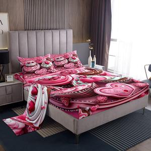 Erosebridal Комплект постельного белья Happy Valentine's Day Pink Kawaii Dessert с милым принтом тортов и конфет, Pink Brown Green
