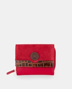 Маленький женский кошелек YANCCI, из красной кожи с комбинацией замши того же цвета и коричневой тесьмой из крокодиловой кожи на конце клапана Yancci