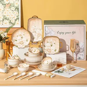 Ceramics Набор посуды Vintage Camellia на 6 персон: 29 предметов — миски, тарелки и палочки для еды в подарочной упаковке