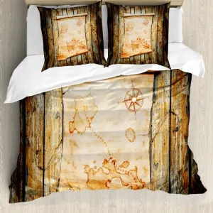 Пододеяльник ABAKUHAUS Карта острова, карта на гранжевом дереве, защита от клещей, подходит для аллергиков, с наволочками, 200 см x 200 см - 80 x 80 см, кремово-коричневый