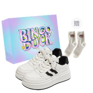 BINGO DUCK Женские черные скейтбордские кроссовки мид с черными носками в подарок и эксклюзивной коробкой, цвет Black+Gift Socks+Exclusive Shoe Box