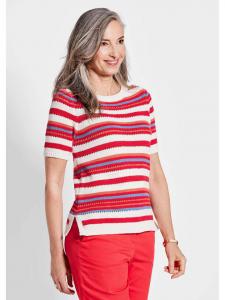 Вязаный полосатый свитер с вырезом-лодочкой красного/белого/узорчатого цвета GOLDNER