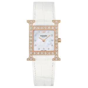 HERMES Наручные часы Quartz Movement с ремешком из крокодиловой кожи, 25 мм, белый циферблат, женские