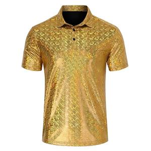 Мужская металлическая блестящая поло с коротким рукавом - облегающая топ для клуба и отдыха Clearflower, Gold