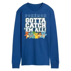 Мужская футболка с длинным рукавом и принтом группы «Поймай их всех покемонов» Licensed Character, синий