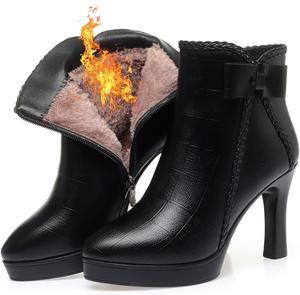 Женские ботильоны с острым носком, массивным каблуком, бантом и застежкой-молнией сбоку, модные кожаные, с удобной меховой подкладкой, низкий каблук-блок, короткие повседневные зимние ботинки с каблуком kitten для платья ZUYIYIA, Black Warm-3.54In