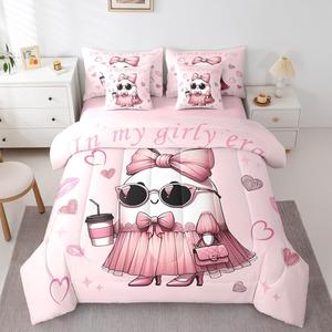 Erosebridal Комплект постельного белья Girly Ghost с мультяшными принтами в готическом стиле Хэллоуин, Pink Black White