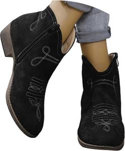 Женские ботильоны на низком массивном каблуке с боковой молнией, вестерн-стиль, перфорированные, удобные, без застежки, с коротким заостренным носком, из искусственной замши, с сегментированным каблуком, для осени и зимы Generic, Black