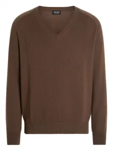 Кашемировый свитер с V-образным вырезом Zegna, коричневый