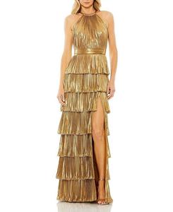 Mac Duggal Платье металлик с высоким воротником и плиссировкой, многоуровневыми рюшами, золотой