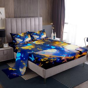 Erosebridal Комплект постельного белья Glowing Butterfly с принтом бабочек и растений для девочек, Blue Yellow