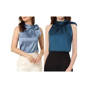 2 упаковки женской элегантной блузки с атласным бантом и воротником-стойкой Inspire Chic, Peacock Blue Blue