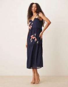 Платье миди Hope & Ivy с завязками, декорированное карпом кои, темно-синего цвета