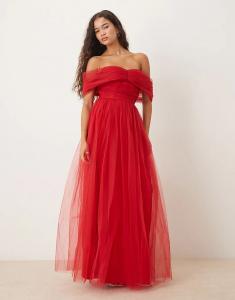 Платье макси из тюля с открытыми плечами, кружевом и бисером, красного цвета