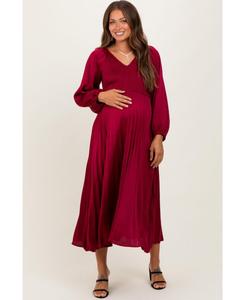Платье миди для беременных из бордового атласа с присборенной плиссировкой Pinkblush, Burgundy