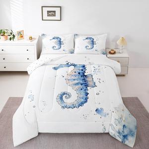 Erosebridal Комплект постельного белья Seahorse с 3D принтом морских коньков в бело-голубых тонах, Light Blue