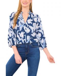 Блуза CeCe Ruffle Neck Raglan Seam Split Neck Blouse, цвет Denim/White