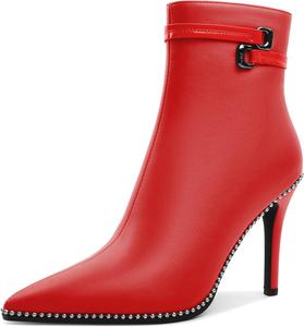 Женские ботильоны Soireelady с заостренным носком, тонким высоким каблуком, расшитые бисером, с коротким голенищем, боковой молнией и металлической пряжкой, каблук 4 дюйма, Matte Red