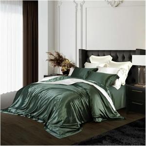 Zixmix Комплект постельного белья из 100% шелка в клетку зеленого цвета Green