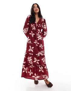 Платье мидакси с глубоким вырезом спереди от Wednesday's Girl с цветочным принтом бордового цвета