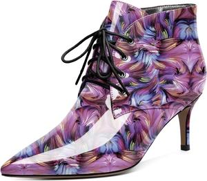 Женские ботильоны Eldof на низком каблуке 2,5 дюйма с заостренным носком, шнуровкой и удобные для прогулок, Patent Floral Purple
