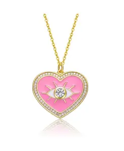Детское ожерелье с подвеской в виде сердца от сглаза, покрытое 14-каратным желтым золотом с прозрачными кубическими цирконами и розовой эмалью Gigigirl, pink