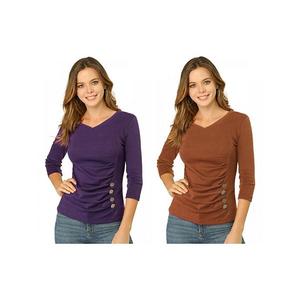 2 упаковки женской блузы с декоративными пуговицами и v-образным вырезом Inspire Chic, Purple Brown
