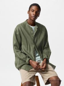 Рубашка из 100% льна премиум-класса с воротником-стойкой Uniqlo, цвет 57 зеленый