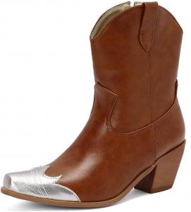 Женские ковбойские сапоги с боковой молнией, заостренным носком, толстым и высоким каблуком, кожаные короткие сапоги с декоративной отделкой из кожи CQHXHDF, Brown