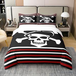 Erosebridal Пиратский комплект постельного белья Pirate Skull из 100% органического хлопка, красно-бело-черная полоска, морская тематика, Red Black